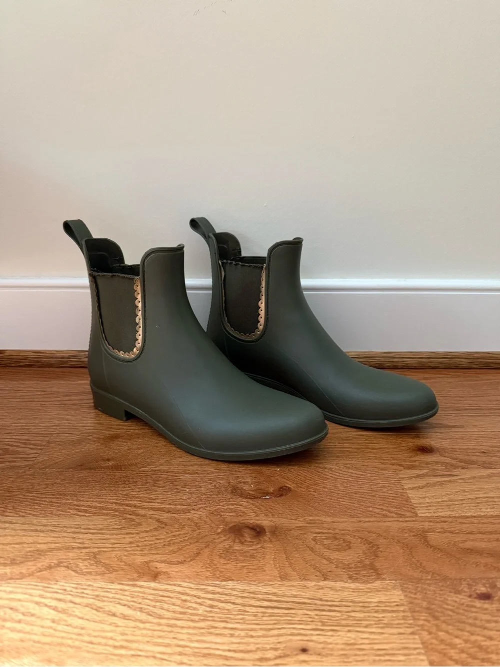 Jack Rogers Olive Green Chelsea Rain Ankle Boots with Gold Scalloped Trim